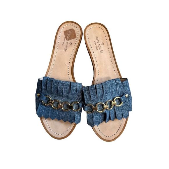 Kate Spade Kiltie Denim Leather Slide Sandals Gold Rings - Picture 2 of 10